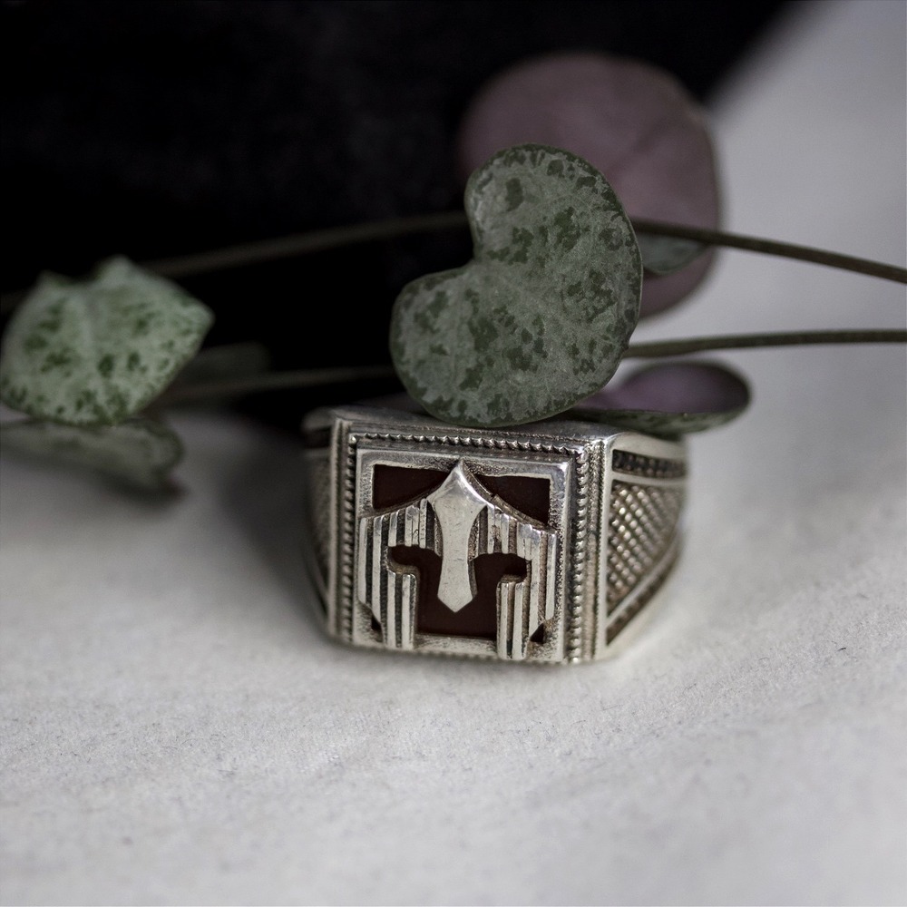 Mens Sterling Silver 925 Spartan Helmet Signet Ring Carnelian Stone Size 11.75
